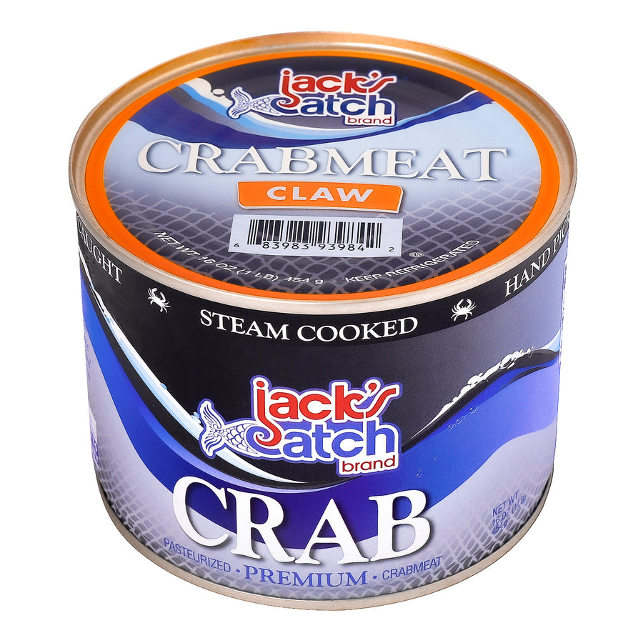 Can of Jack's Catch brand claw crab meat on a white background