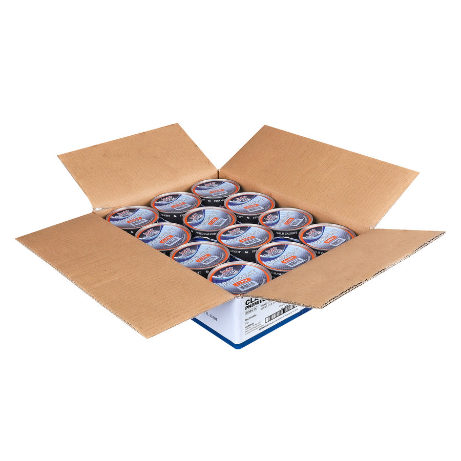 open case of jacks catch claw crab meat on white background