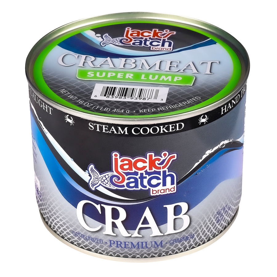 Can of Jack's Catch brand super lump crab meat on a white background