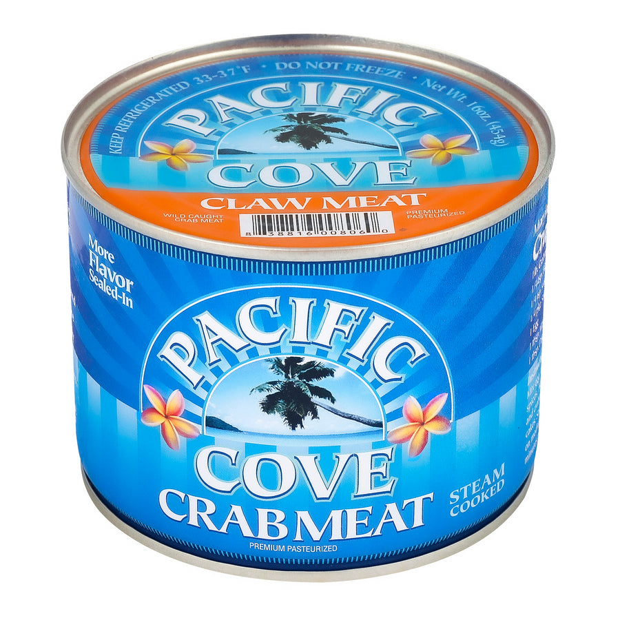 Can of Pacific Cove claw crab meat, ready-to-use fully cooked crab